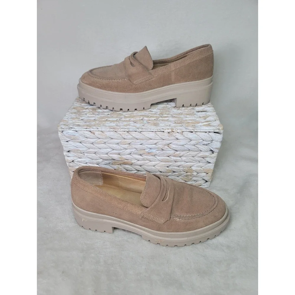 Patina Dark Acadamia Suede Platform Penny Loafers Lug Sole Beige Size 9 Capsule